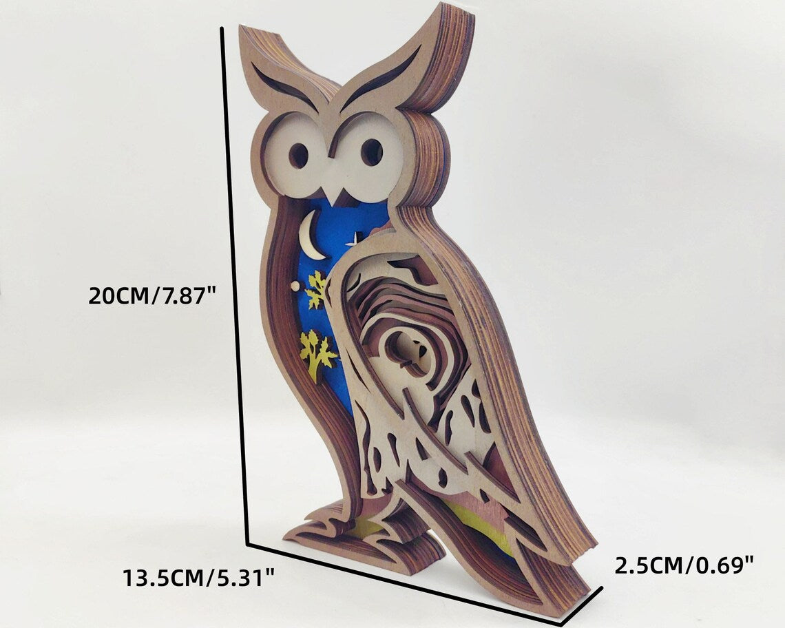 Hoomwell Wooden Carved 3D Owl Desk Decoration Figurine Collection With Light