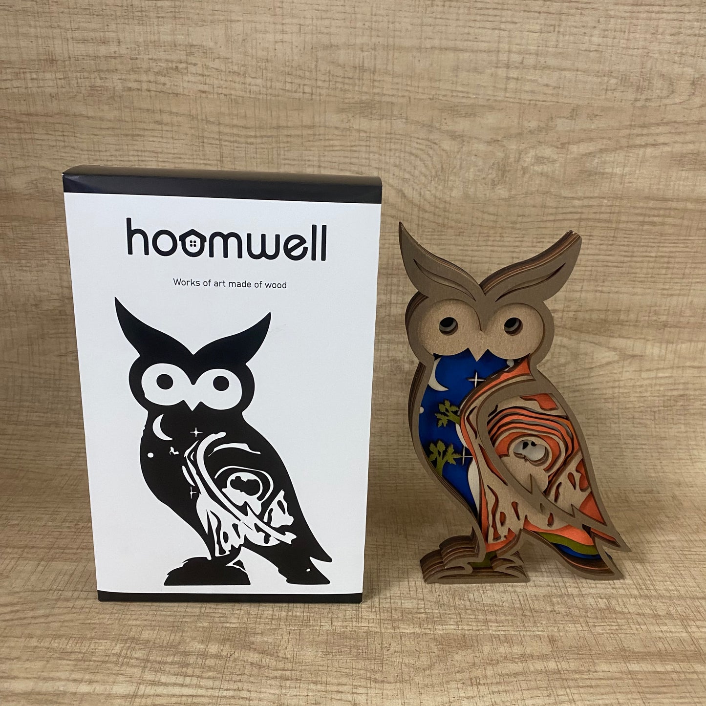 Hoomwell Wooden Carved 3D Owl Desk Decoration Figurine Collection With Light